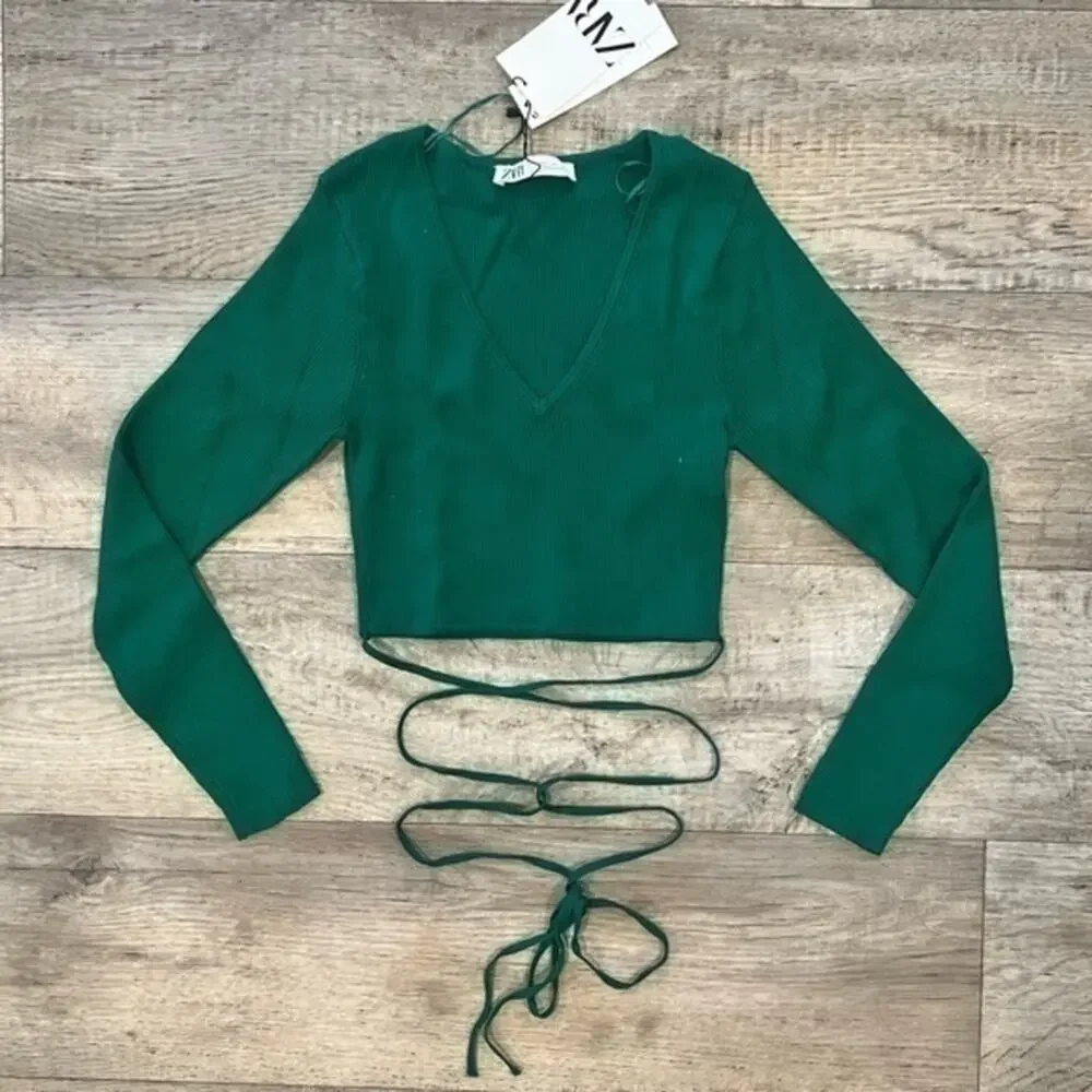 Zara NWT Green Knit Wrap Tie Waist Long Sleeve Crop Top L